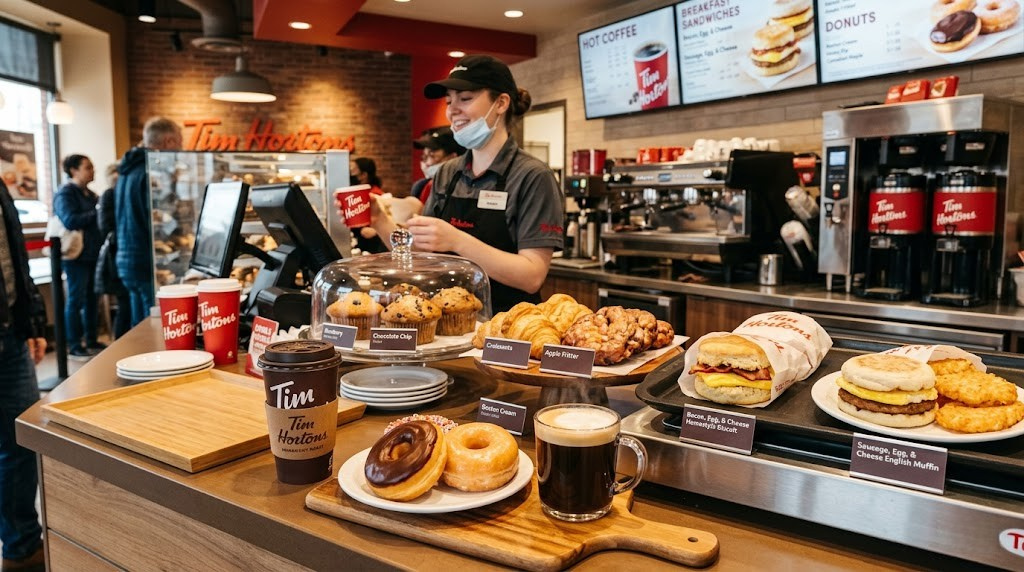Tim Hortons menu items including coffee, donuts, breakfast sandwiches and baked goods displayed on a counter