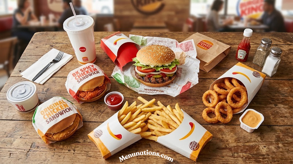 Aerial view of Burger King menu items including Whopper, chicken sandwich, fries and onion rings spread on a table