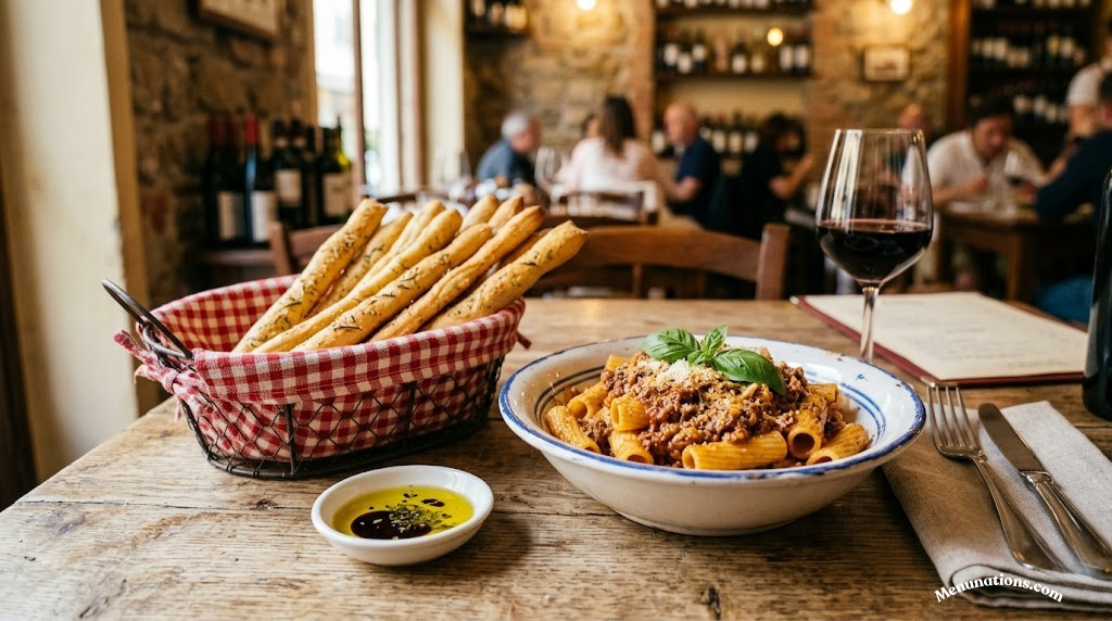 Bowl of breadsticks and pasta from an Italian restaurant menu