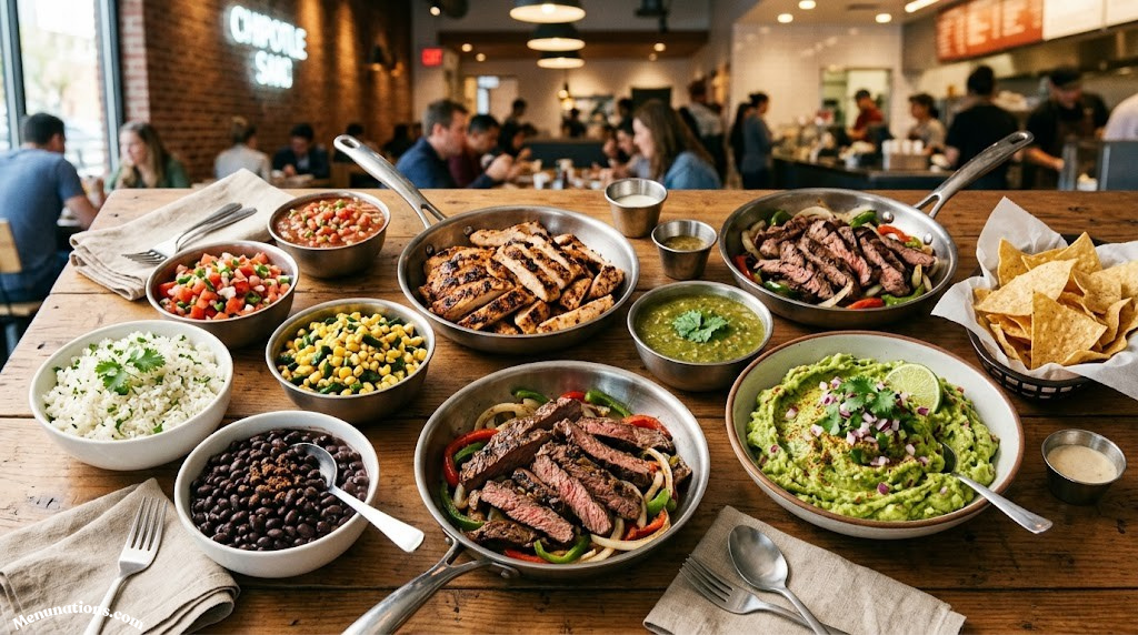 Chipotle ingredients spread: chicken, steak, rice, beans, salsas, guacamole
