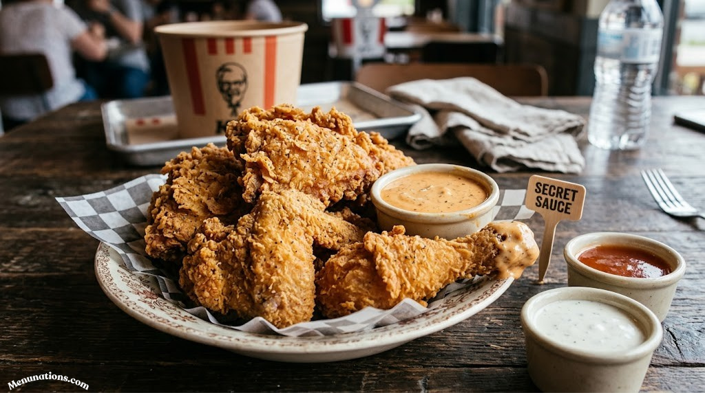 Close-up of KFC Extra Crispy chicken pieces and secret sauce dips