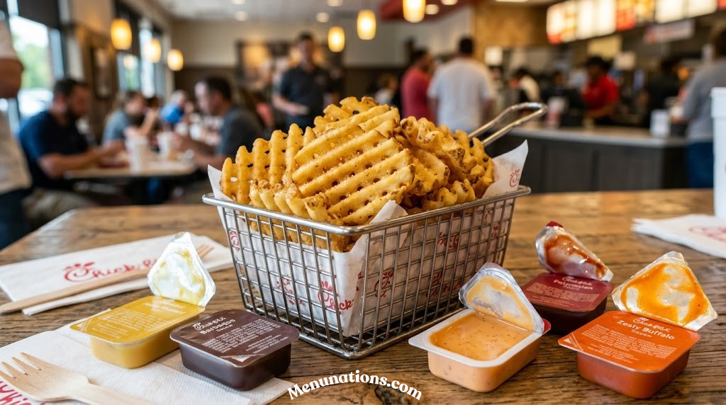 Close up of a Chick-fil-A waffle fry basket with dipping sauces arranged around it