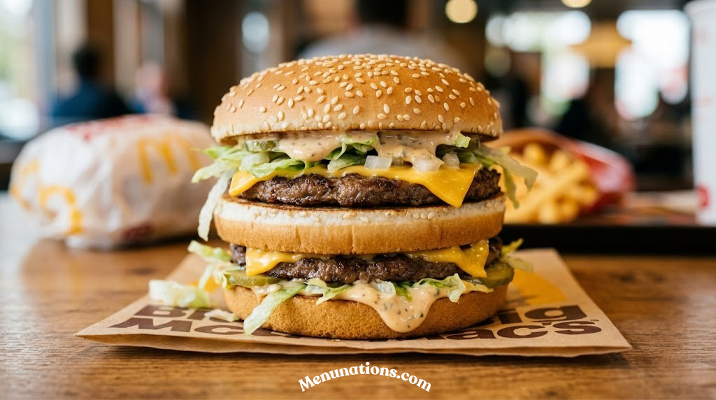 Close-up of a McDonald's Big Mac with sesame bun, two beef patties, lettuce, and special sauce
