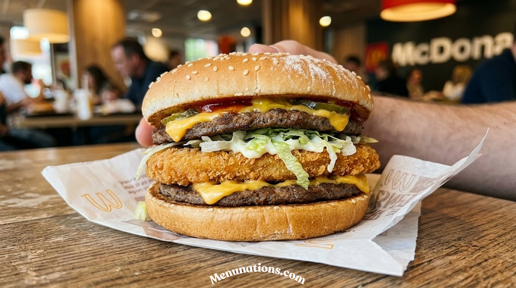 Close-up of a McGangBang — a McChicken sandwich nested inside a McDouble — McDonald's most famous secret menu item