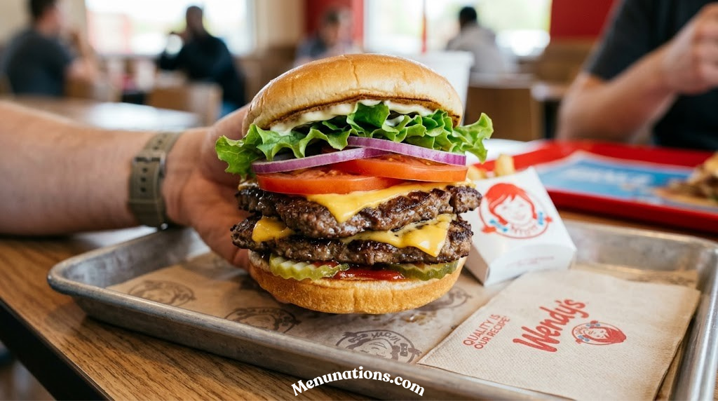 Close-up of a Wendy's Dave's Double burger with fresh toppings, representing the chain's never-frozen beef promise