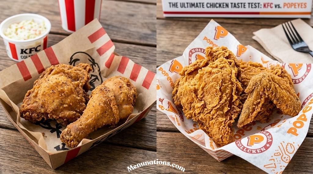 Close-up of crispy fried chicken pieces from both KFC and Popeyes restaurants