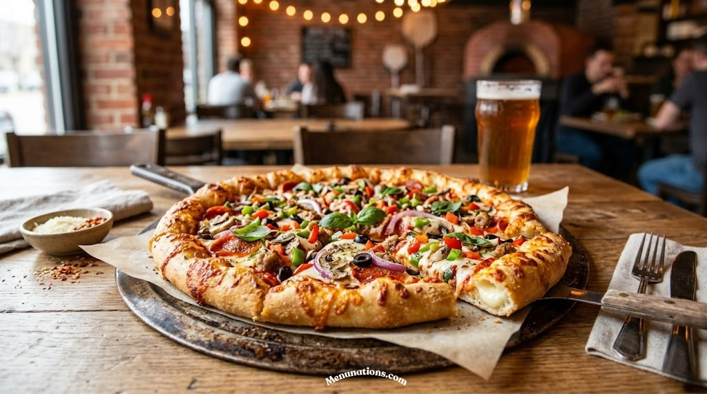 Customized pizza with extra toppings and cheesy crust on a table