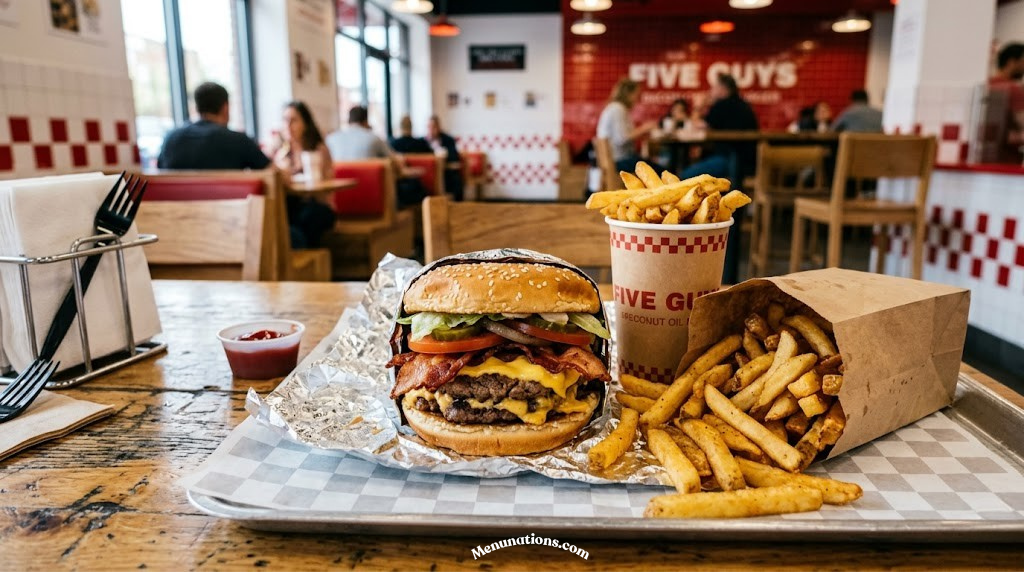 Five Guys bacon cheeseburger with fries