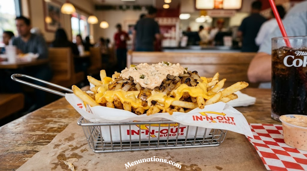 In-N-Out Animal Style fries loaded with spread, grilled onions, and melted cheese