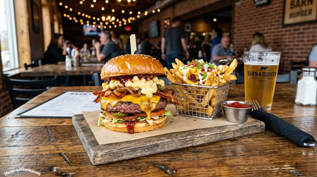 Loaded burger and fries on a casual dining restaurant table