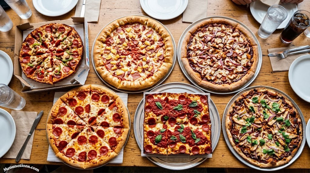 Overhead shot of a variety of pizzas from different chains — crust styles, toppings, and sauce varieties