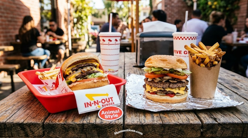 Side-by-side In-N-Out and Five Guys burgers on a table