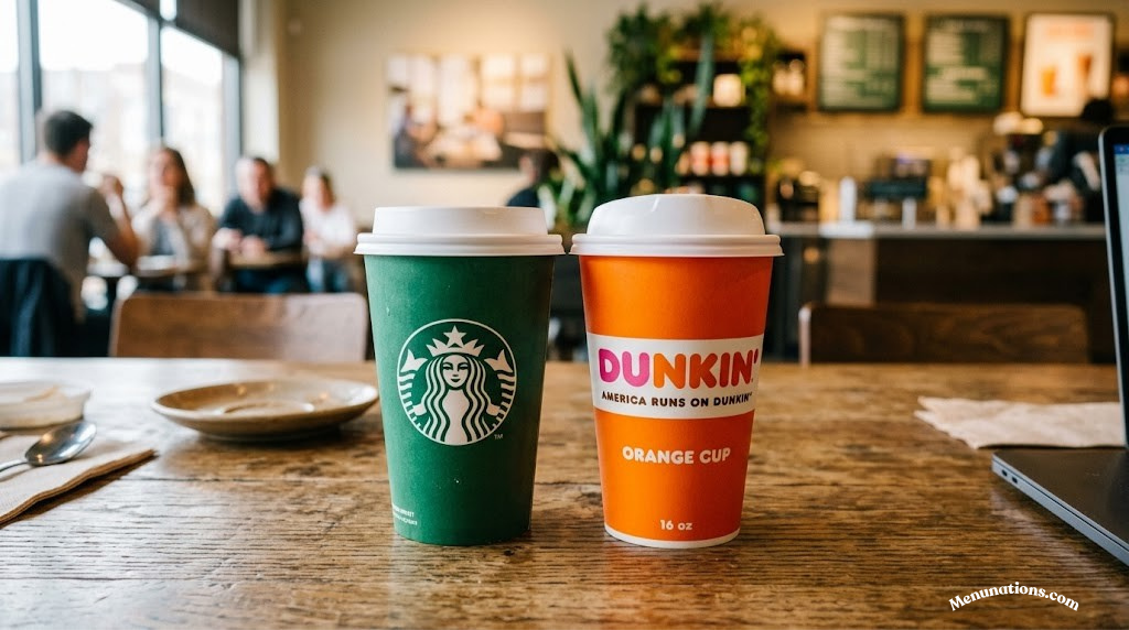 Side-by-side Starbucks green cup and Dunkin' orange cup on a cafe table