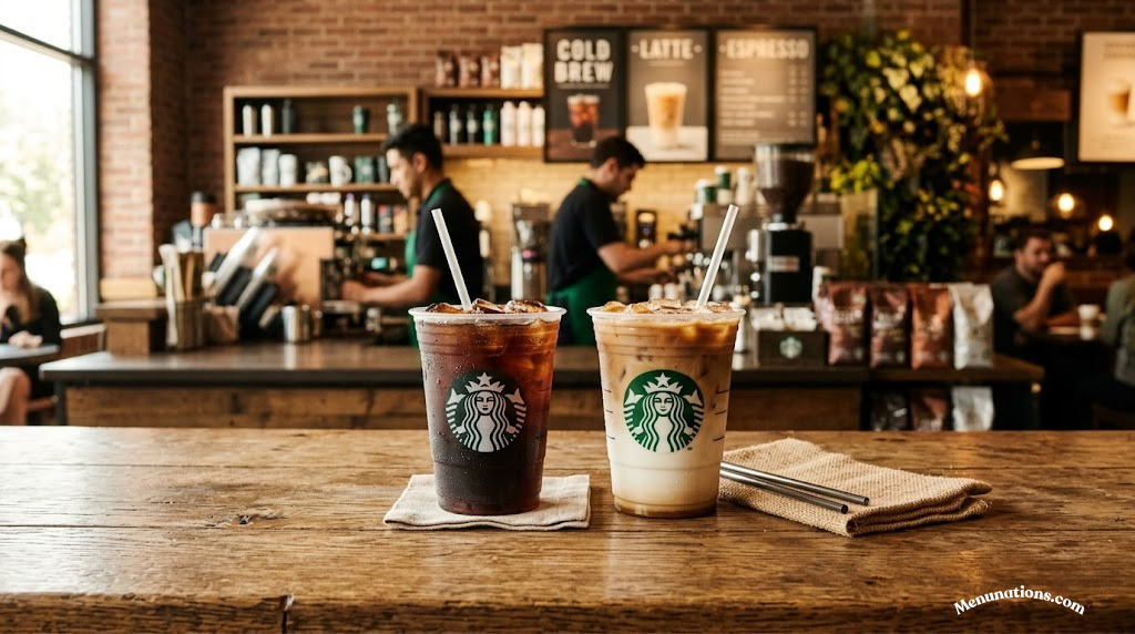 Starbucks cold brew and lattes on a wooden counter