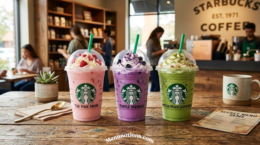 Starbucks secret menu drinks arranged on a table — pink, purple, and green blended beverages in cups